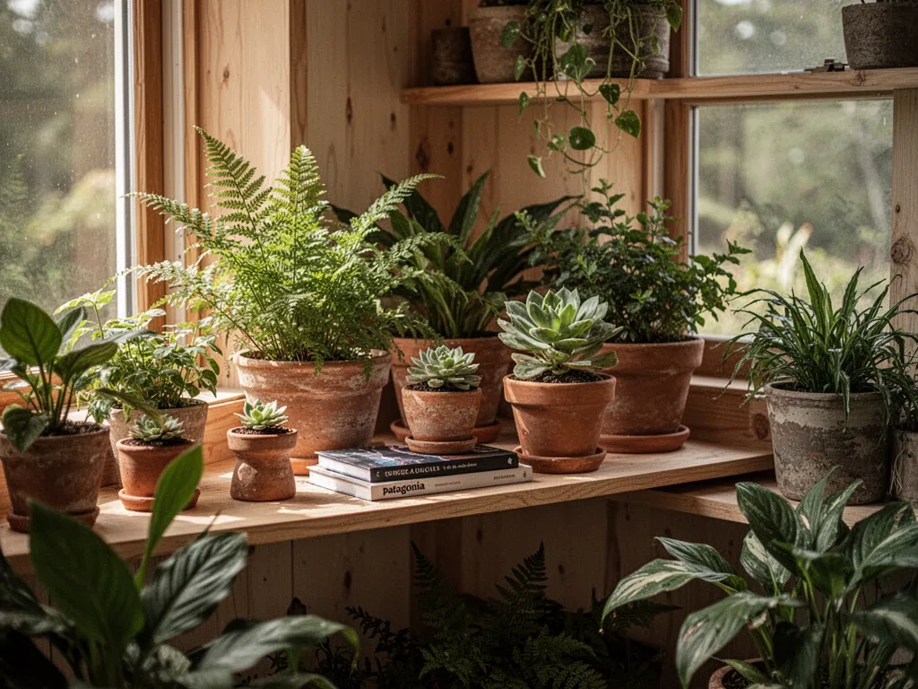 Vue d'un jardin paysager avec une terrasse en bois, parterres et allées naturelles