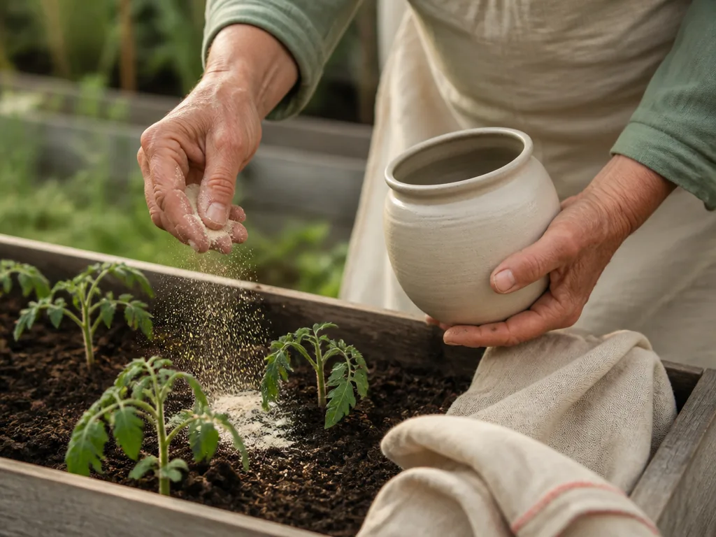 Photorealistic editorial photograph of weathered hands sprinkling pale powder from a blank stoneware jar over tomato see