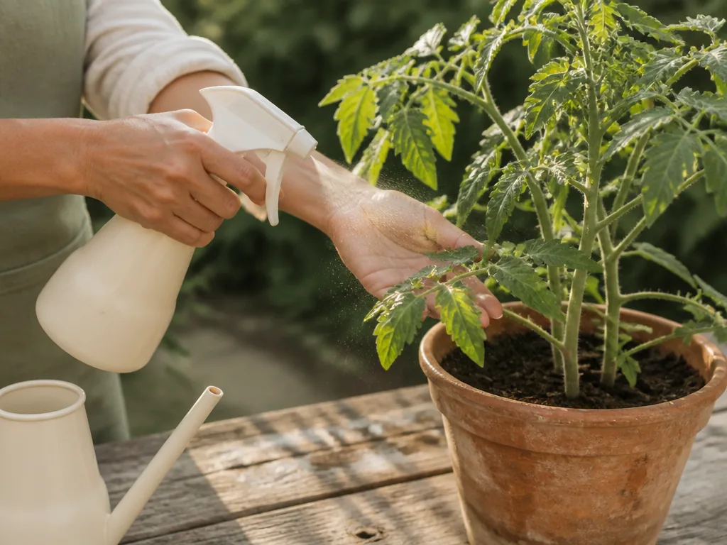 Jardinier pulvérisant de la bouillie bordelaise sur des plants de tomates au potager