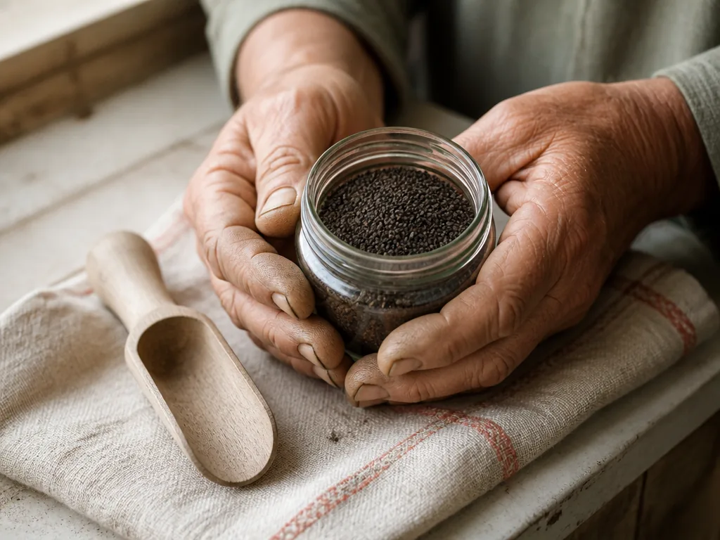 Photorealistic editorial photograph: weathered gardener's hands hold a small glass jar of fine dark guano granules, wood