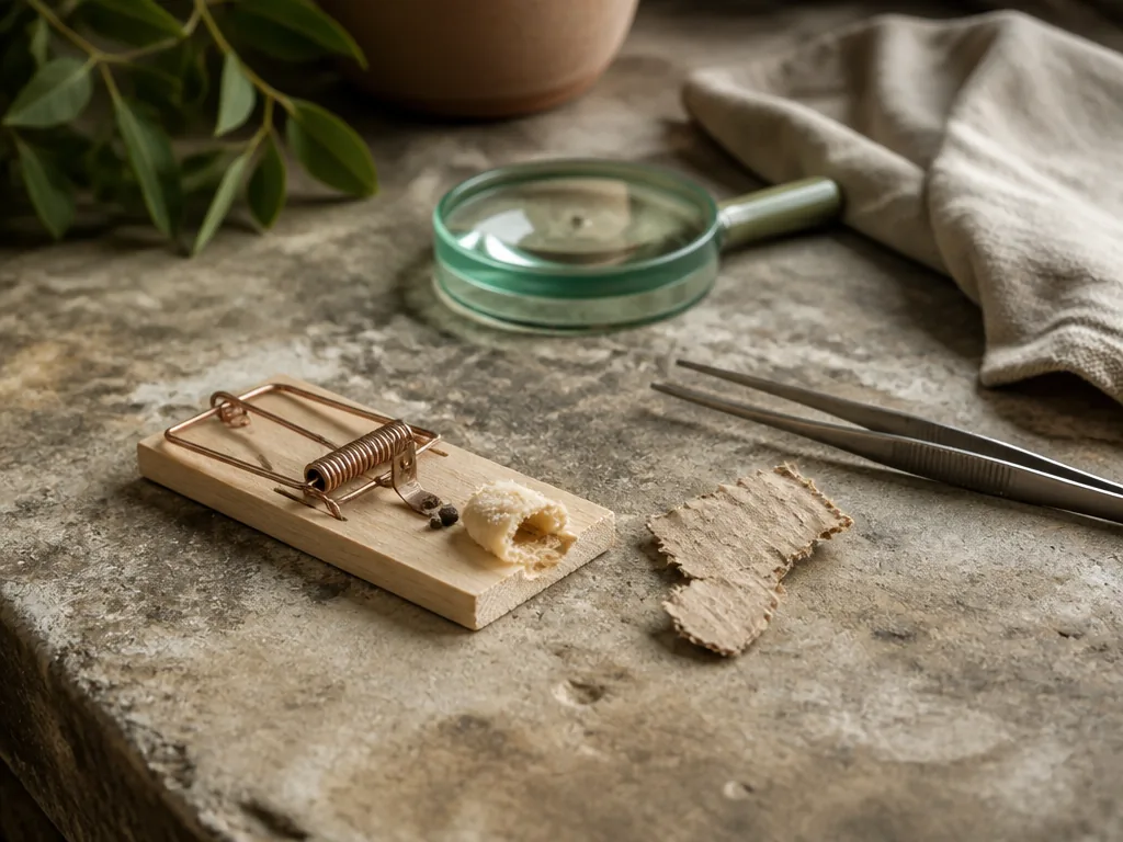Photorealistic editorial photograph: close-up of a mousetrap with a tiny rodent dropping and chewed cardboard, magnifyin