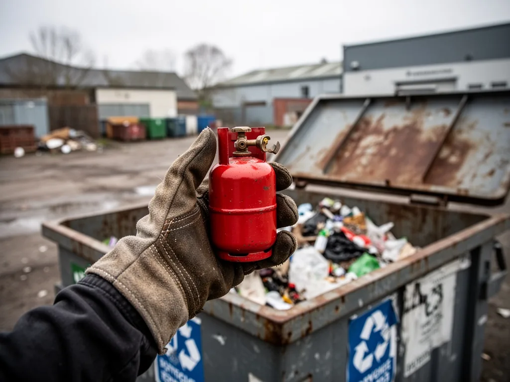 A hand in a thick work glove holding a small red propane gas cylinder, standing in front of an open recycling container 