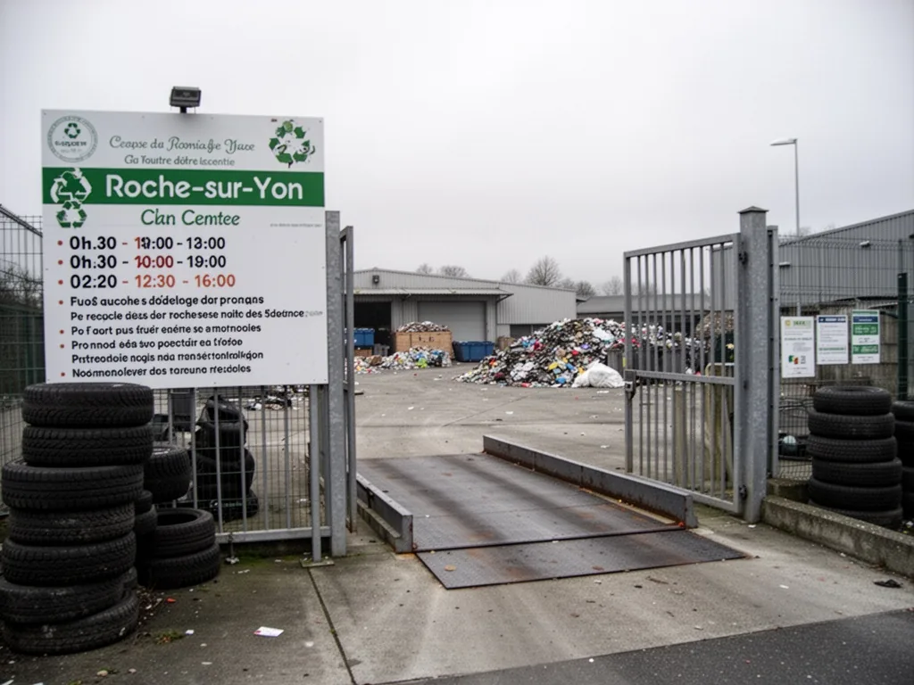 A recycling center entrance in La Roche-sur-Yon, a large sign with hours and rules, metal gate ajar, empty weighbridge, 