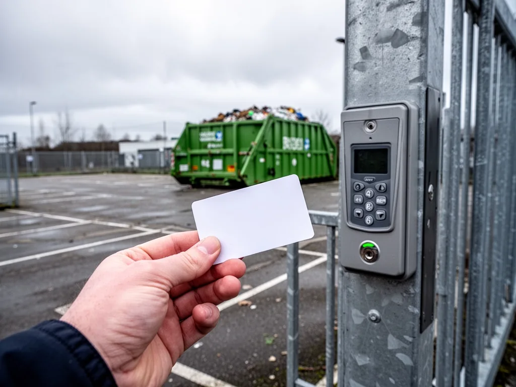 A hand holding a white plastic access card near a card reader on a steel gate at a waste disposal center, overcast grey 