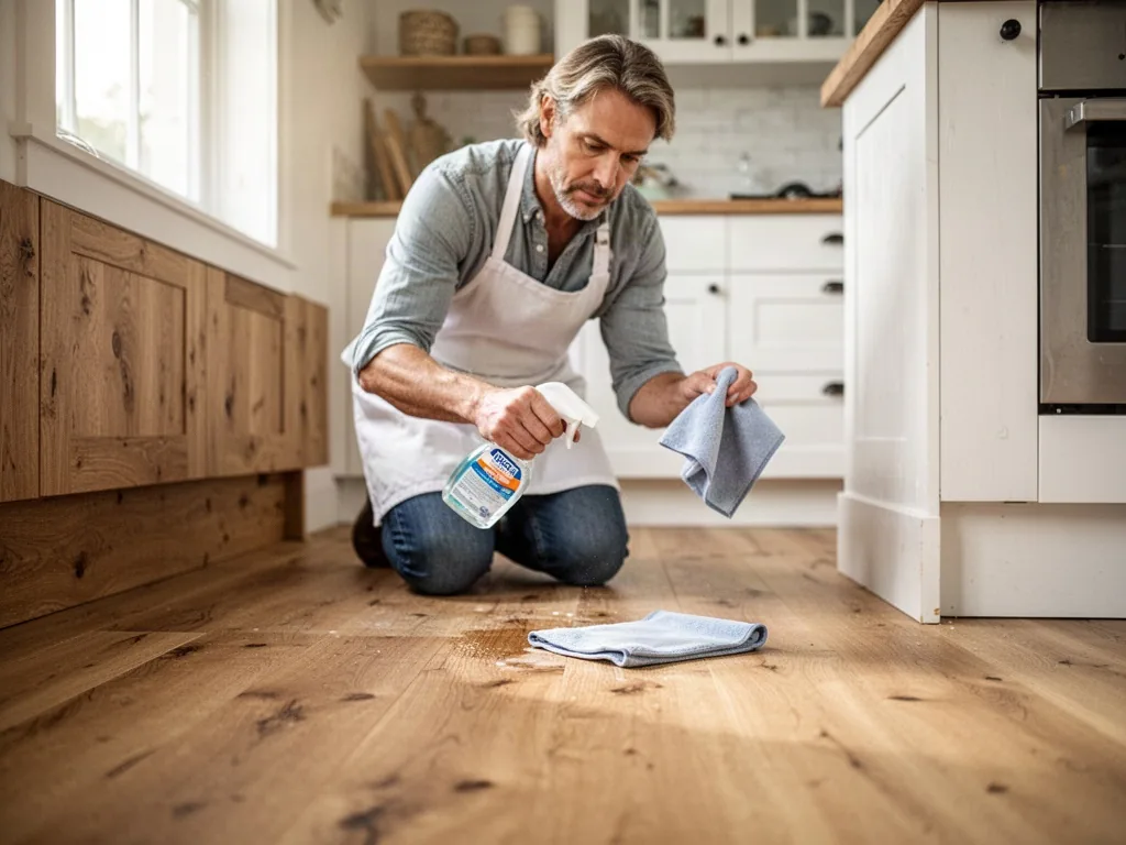 A cautious homeowner kneeling on a dry wooden floor, dabbing an unlabelled spray bottle onto an inconspicuous corner pat