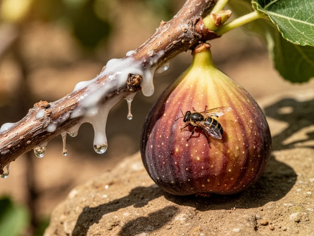 A cut fig branch oozing white latex sap, a ripe fig with a wasp crawling near its eye, bright sunlight casting sharp sha