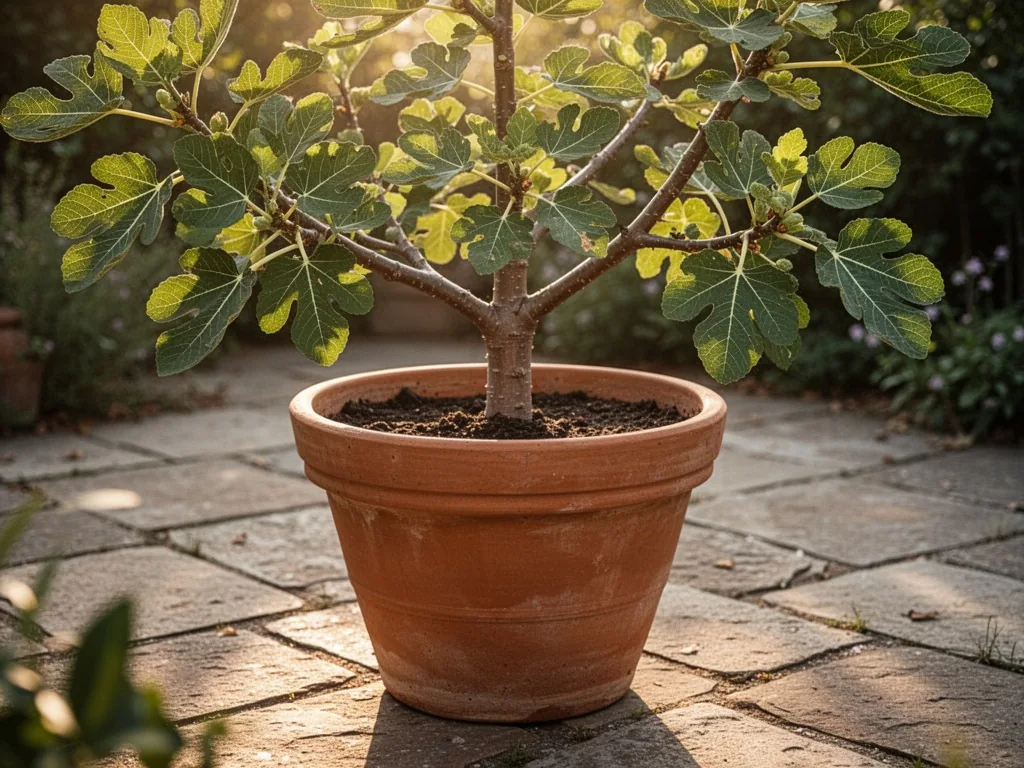 A large terracotta pot holding a young fig tree with spreading branches, placed on a stone patio, soft afternoon light f