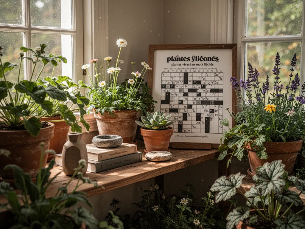 Illustration de fiches de mots fléchés avec des noms de plantes vivaces